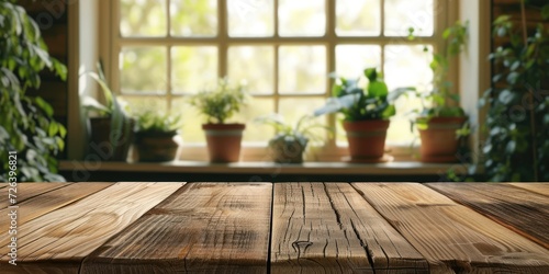 Wooden Table in Front of Window With Potted Plants