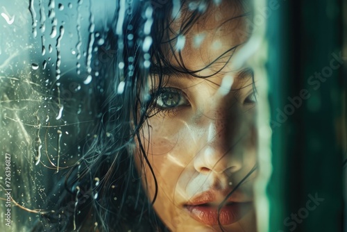 Woman Gazing Through a Raindrop Covered Window 