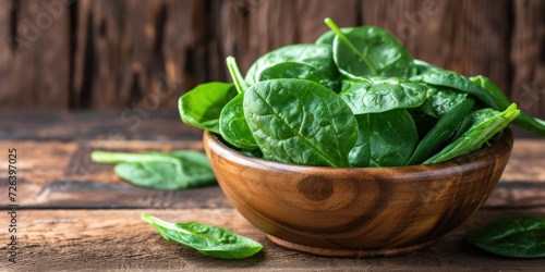 Wooden Bowl Filled With Green Spinach Leaves