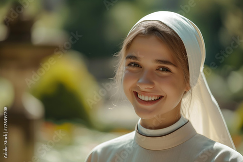 
A beautiful catholic young nun with a kind candid smile against the backdrop of a garden Temple photo