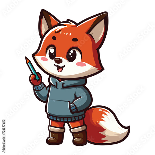 Cute adorable fox cartoon with sweater dress character vector illustration, funny wolf foxy flat design template isolated on white background