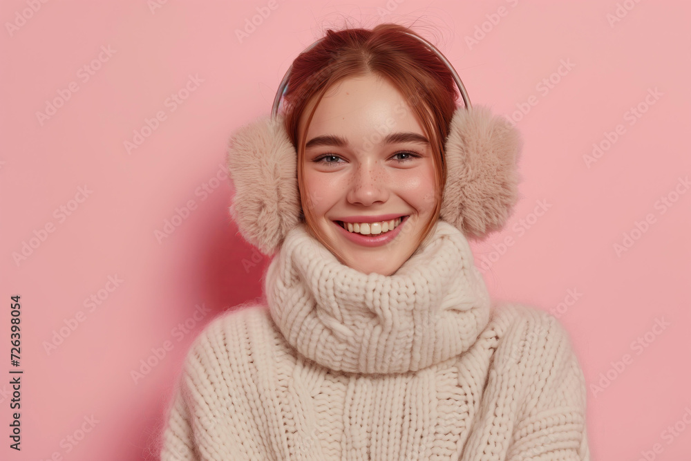 beautiful young woman smiling, wearing ear muff and cozy sweater isolated on pastel pink background beautiful young woman smiling, wearing ear muff and cozy sweater isolated on pastel pink background