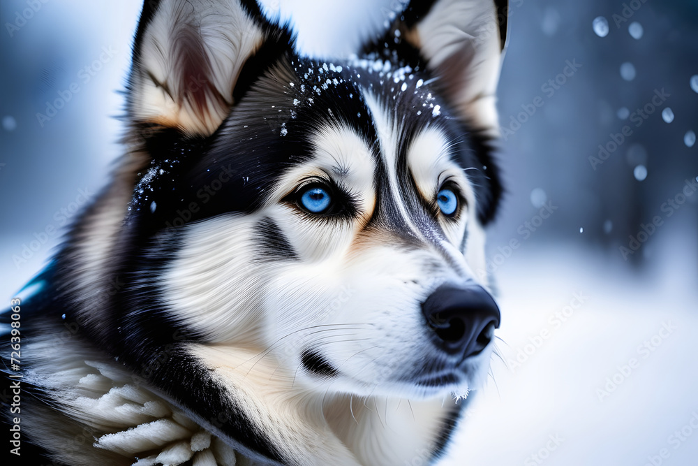 Siberian Husky with Blue Eyes in Snow, Isolated on White Background