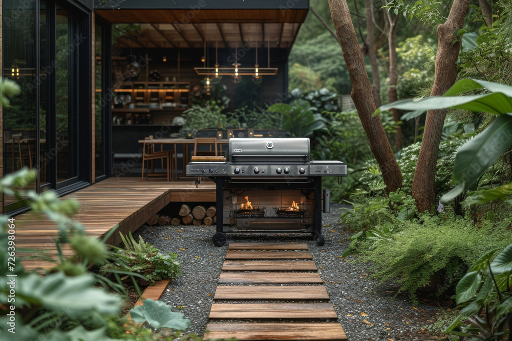 high-end outdoor grill set on a wooden patio amidst a lush green garden, ready for an al fresco cooking experience