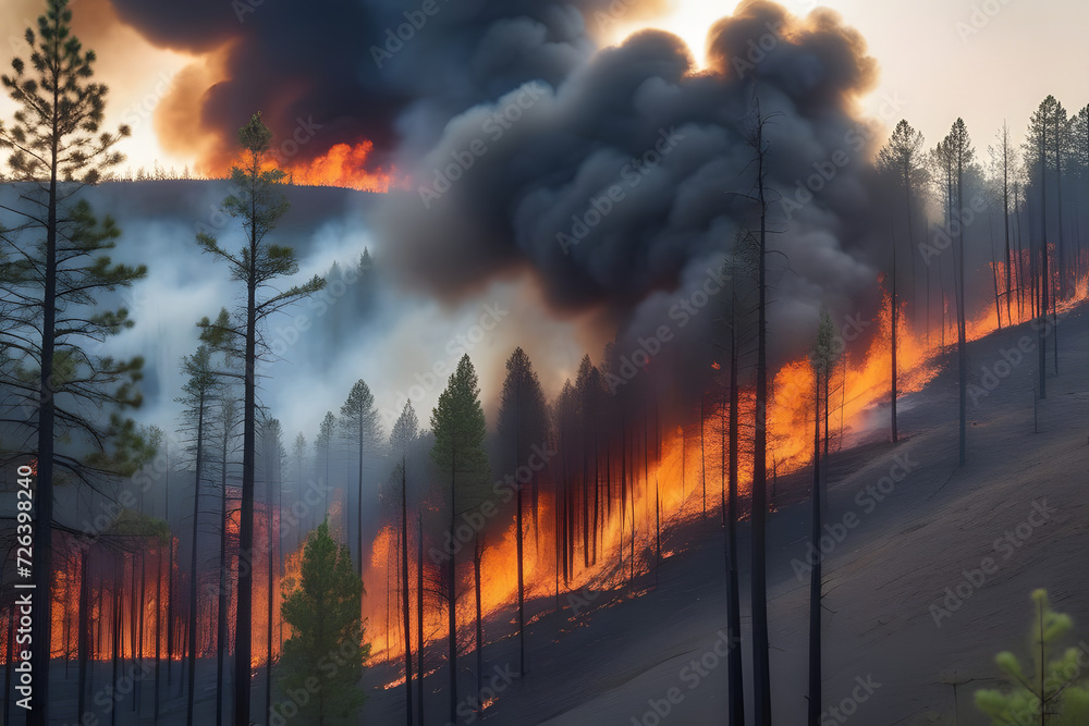 Efforts of firefighters to contain a raging wildfire in a dense forest