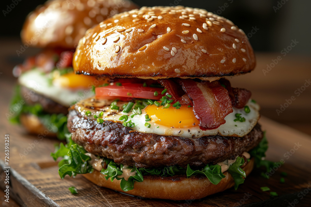 gourmet burger with a sesame bun, bacon, fried egg, and fresh vegetables, presented on a wooden cutting board gourmet burger with a sesame bun, bacon, fried egg, and fresh vegetables, presented on a wooden cutting board