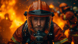 A firefighter gets out of the flames of the fire in a protective suit