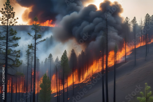 Efforts of firefighters to contain a raging wildfire in a dense forest