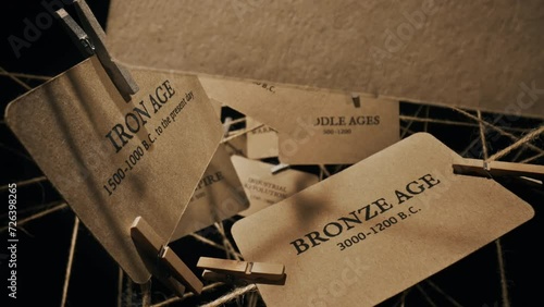 Macro dolly shot camera flies through craft cardboard cards hanging on sisal ropes plexus with names of eras in planet earth life written on them, historical timeline, evolution chronological years