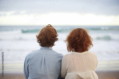 back view of couple sitting close on beach, watching waves