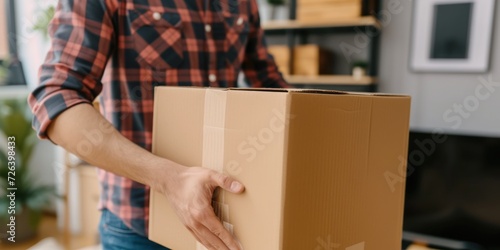 Man Holding Cardboard Box in Living Room