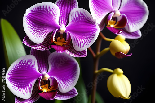 Stunning purple orchid flowers with yellow centers isolated on a black background.