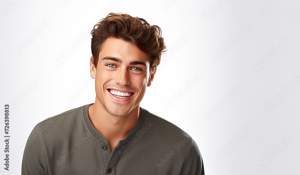 bellissimo ragazzo sorridente e simpatico con maglietta grigia,  su sfondo bianco e spazio per testo 