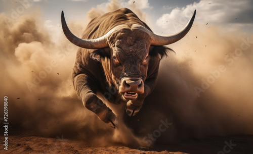 An insane close-up of an enraged, charging bull with dust and motion blur