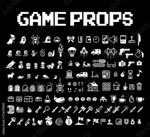 Pixel art icon set, various vector objects. Black and white pixel icons 1-bit, 8-bit. Vector isolated