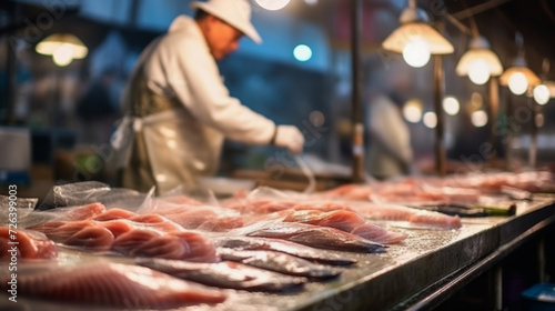 Blurred background of Tsukiji fish market with raw tuna steaks. photo