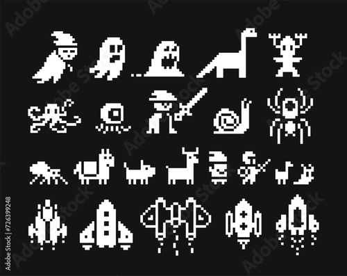 Pixel art, 1-bit icon set, black and white emojis, monsters, heroes and spaceships. Game design, mobile application details. Isolated vector illustration.