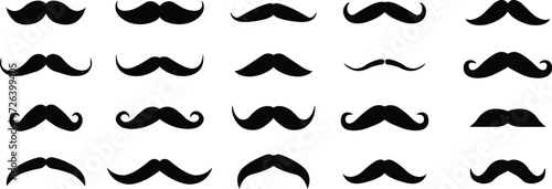 Hipster mustache icon set. Different flat vector collection isolated on transparent background. Black silhouette of adult man Italian moustache. Symbol of Fathers day.old facial hair styles.