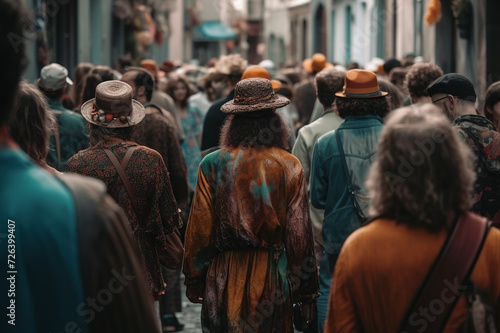Back view of a crowd of people in psychedelic style at the street