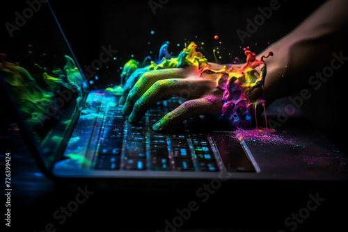 Colored energy envelops hand on laptop, symbolizing global networking.