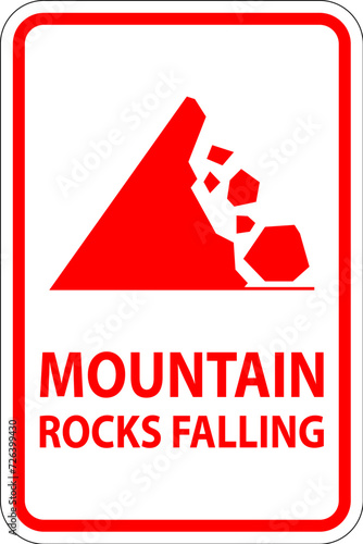 Road Warning Sign, Mountain Rocks Falling Symbol