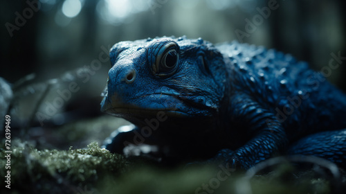 A large  old blue frog peacefully seated amidst green moss