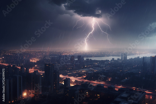 Stormy skies and lightning over a city at night
