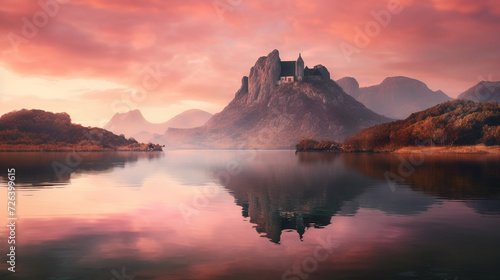 Church in the middle of the lake at sunset with pink sky and reflection at water