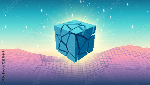Mint blue 3D cube with cracks and particles soaring over the pink landscape in y2k or vaporwave style, surreal composition