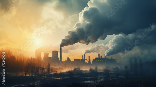 Pollution emission from factories in the fog at sunrise  in the style of youthful energy