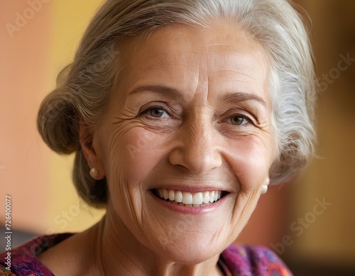 Portrait of an elderly happy woman. Closeup photo portrait of a beautiful elderly senior woman with gray hair smiling with clean teeth, generative AI