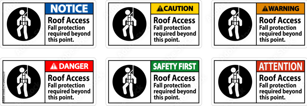 Naklejka premium Warning Sign, Roof Access - Fall Protection Required Beyond This Point