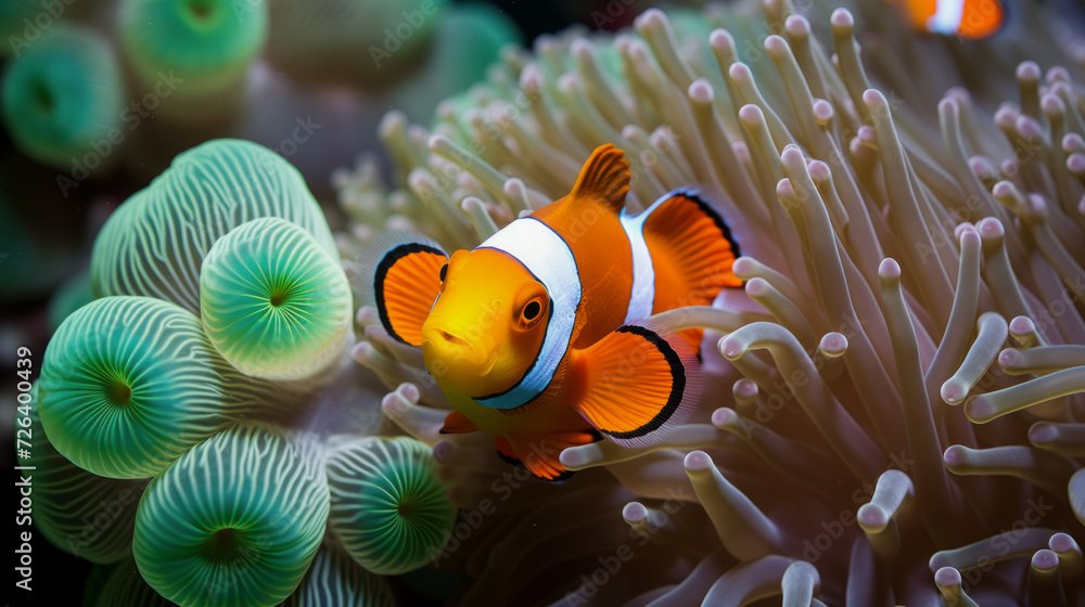 Naklejka premium Clownfish inside his anemone and corail, the great barrier reef, Sydney