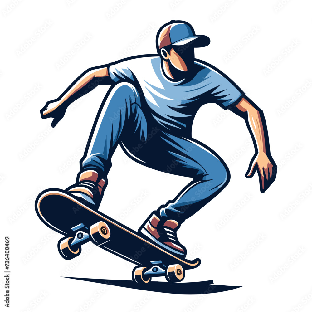 Man playing skateboard vector illustration, skateboarding sport game male player in action flat design style template isolated on white background Man playing skateboard vector illustration, skateboarding sport game male player in action flat design style template isolated on white background