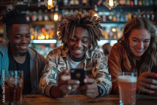 In the pub, a young man and his companions are on their phones. Generative Ai. photo