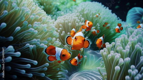 Clownfishes inside their anemone and corail, the great barrier reef, Sydney photo