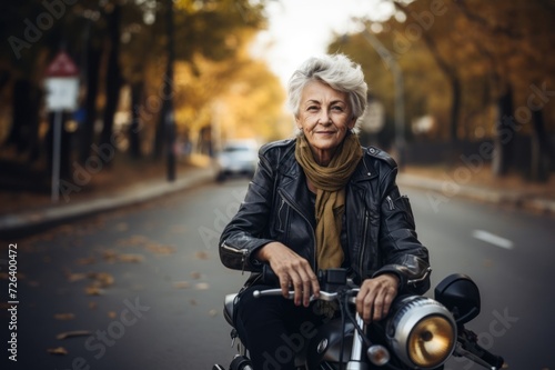 An adventurous elderly woman embraces a modern lifestyle as she travels the world, riding a motorcycle through diverse landscapes, symbolizing her free-spirited and courageous approach to exploration