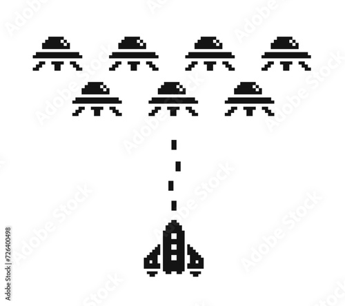 Pixel art spaceship vs. aliens , 1-bit black and white icon set. Mobile application game design. Isolated vector illustration