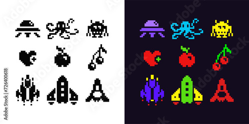 Starship and monsters pixel art 1-bit icon set, black and white emoji, heart, apple and cherry. Isolated vector illustration. Design for mobile application