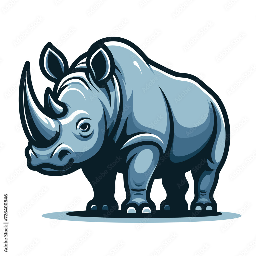 Fototapeta premium African savannah standing rhinoceros vector design, zoology illustration, wild animal rhino logo template isolated on white background