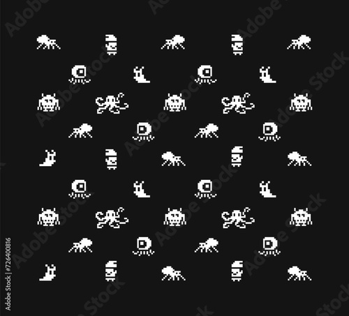 Funny pixel monsters. Seamless pattern of 8-bit pixel game. Retro video game elements for fabric print and background design