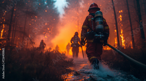 A fire brigade in protective suits extinguishes a fire in the forest, everything is burning around, there is a lot of fire and smoke photo