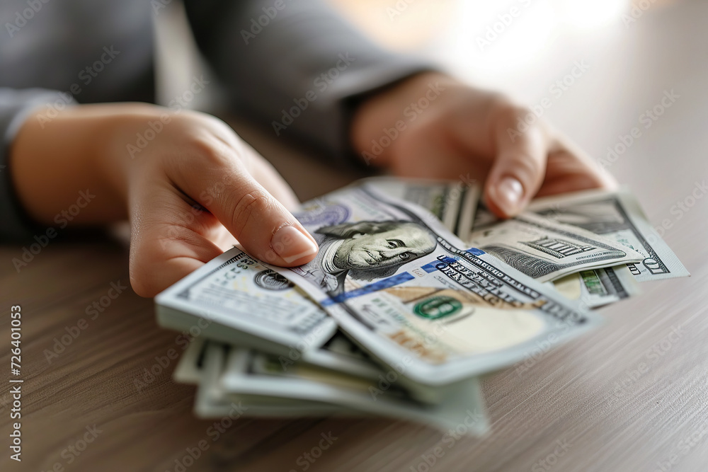 close up image of female hands holding several 100 dollar bills Generative AI close up image of female hands holding several 100 dollar bills Generative AI