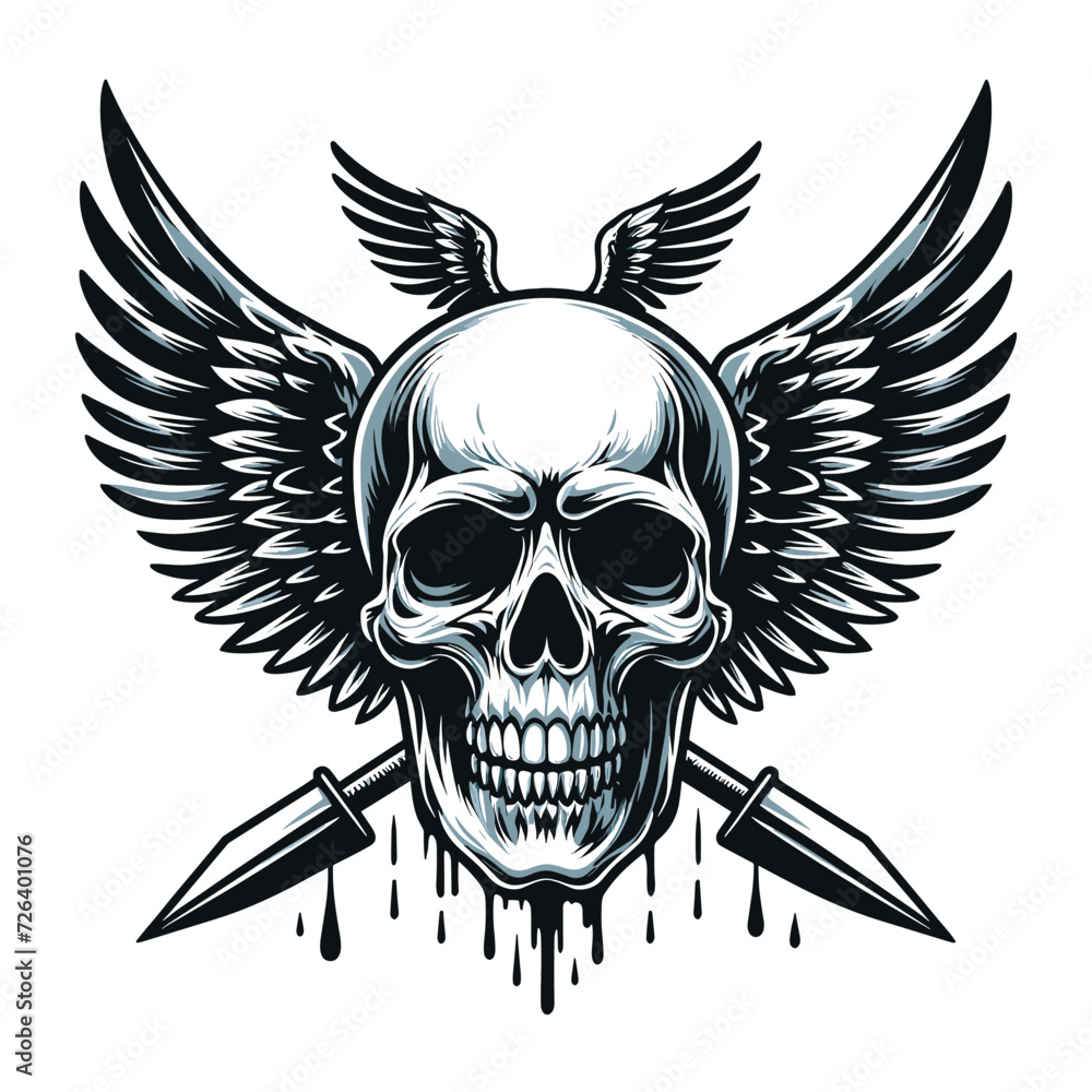 Skull wings vector illustration, winged skull badge emblem template suitable for apparel t-shirt, poster, motorbike club logo, tattoo. Design isolated on white background Skull wings vector illustration, winged skull badge emblem template suitable for apparel t-shirt, poster, motorbike club logo, tattoo. Design isolated on white background