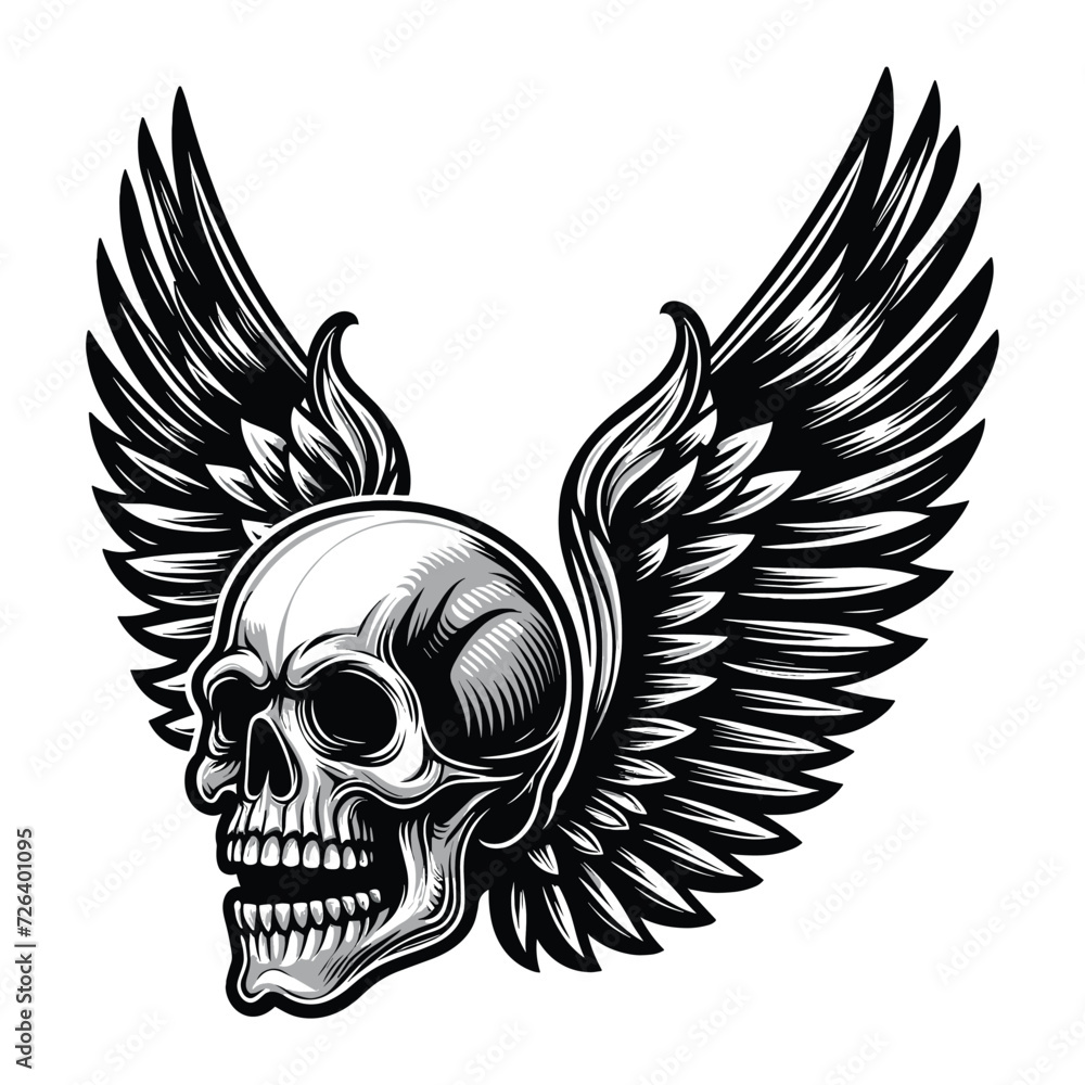 Obraz premium Skull wings vector illustration, winged skull badge emblem template suitable for apparel t-shirt, poster, motorbike club logo, tattoo. Design isolated on white background