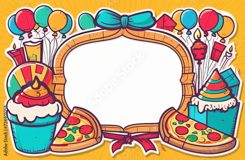 Frame with place for text for birthday  illustration with pizzas