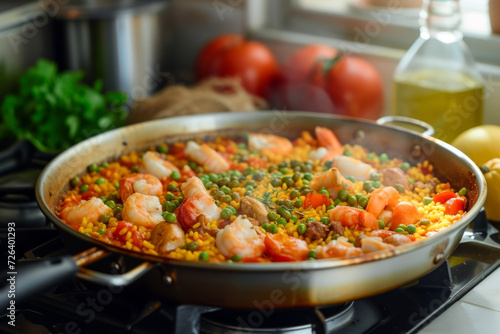 A Culinary Canvas Unfolding, Vibrant Ingredients Artfully Arranged, Capturing the Simmering Magic of Paella in the Pan.