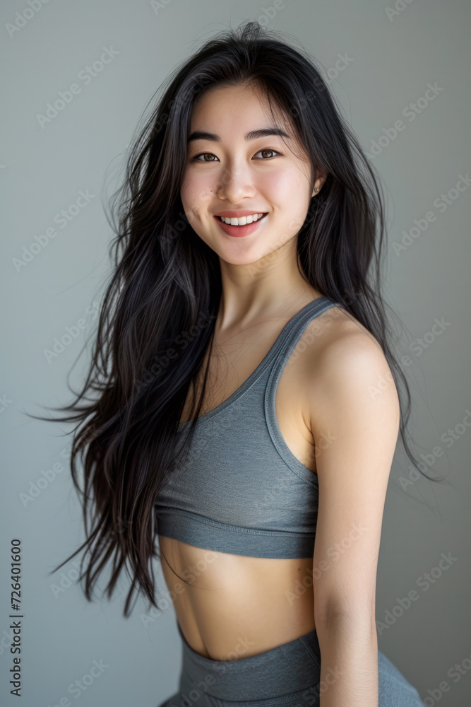 portrait of beautiful asian woman with dark curly hair, smiling sporty fitness woman, isolated over gray background portrait of beautiful asian woman with dark curly hair, smiling sporty fitness woman, isolated over gray background