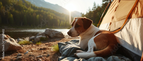 Wilderness retreat; a dog enjoys the sunrise from the comfort of a camping tent photo