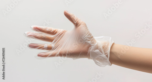 hand in disposable transparent glove isolated on white photo